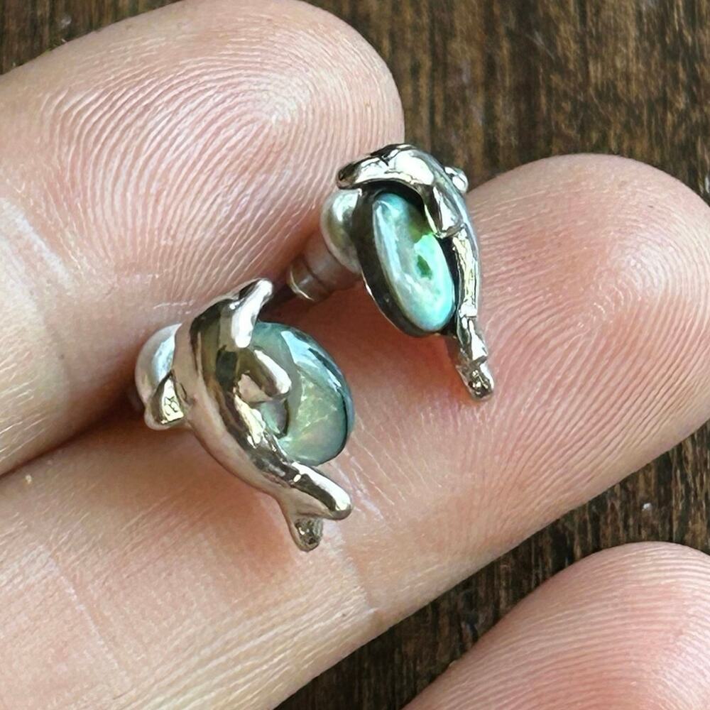 Glacier Pearle Dolphin Stud Earrings silver tone w/ abalone